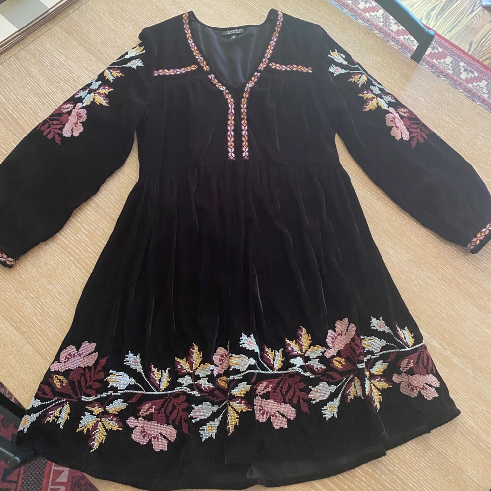 Topshop Black Velvet Embroidered dress, size 6.